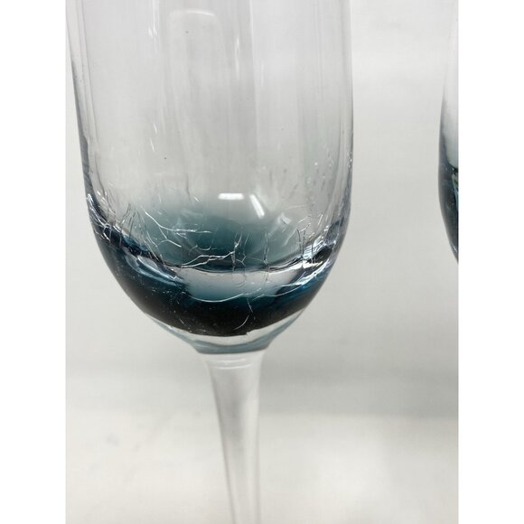 Set Of 2 Pier 1 One Crackle Glass Teal Blue Champagne Glasses Flutes 10" Tall - Picture 5 of 9